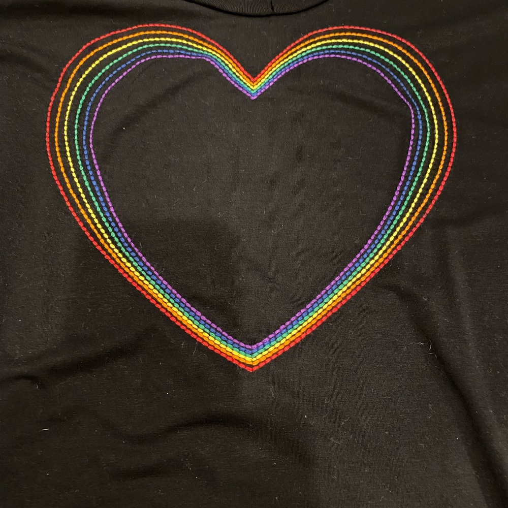 Lauren Moshi Black Tee with Rainbow Heart Embroidery